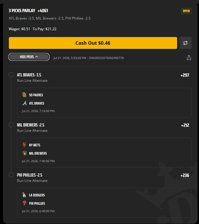 I ended up turning $3.92 into $24.08 — three RR wins and one parlay that I cashed out early for $9.59. And of course, ATH decided to win anyway, meaning I could have had the full $32.12. That’s the gambling equivalent of selling your crypto right before it